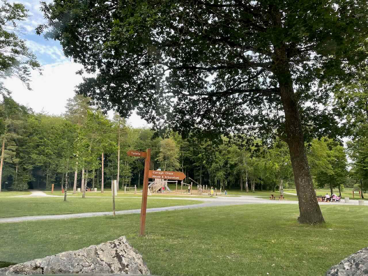 Grass field with children playground and trees on the background